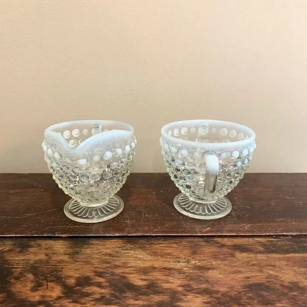 Anchor Hocking‎ 1950s Opalescent Hobnail Moonstone Creamer & Sugar